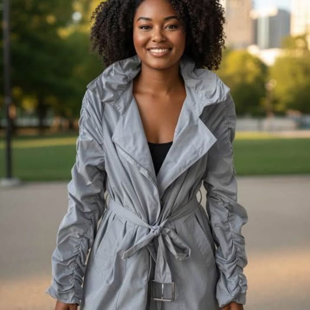 Michael Kors Women’s Ruched Sleeve Trench Coat – Size 12 - Dusty Blue/ Gray